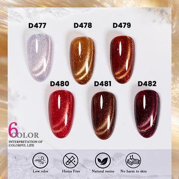 Autumn Blaze Cat Eye Gel Polish Set - 6 Deep Warm Tones with Fine Glitter 7.5ml - TPO & HEMA Free