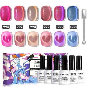 Colorful ceramic cat eye gel polish set 996-1001 showing 6 magnetic colors hot pink coral nude mauve purple blue for Valentine's Day, TPO HEMA free