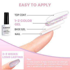 Easy application guide for jelly glitter gel polish showing 2-3 weeks long-lasting wear with base coat and top coat