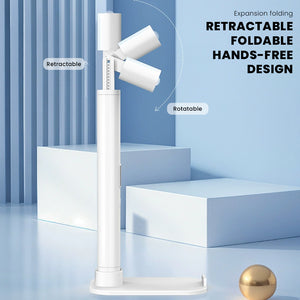 Retractable UV nail dryer lamp with adjustable arm, rotatable head, and white minimalist design on display stand