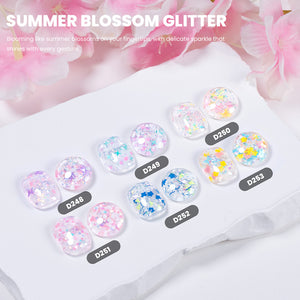 Summer Blossom glitter gel polish swatches 6 colors D248-D253 lavender cherry rainbow rose ocean sunshine confetti flower petals holographic