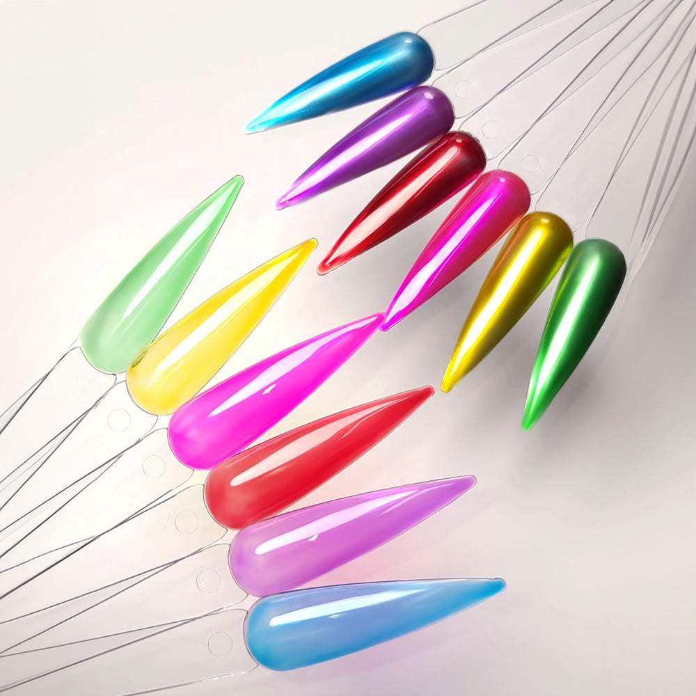 6 translucent neon jelly gel polish swatches in vibrant colors with ultra-glossy finish, 8ml each bottle