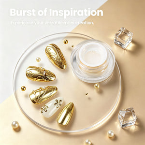 RARJSM gold chrome nail powder burst of inspiration – versatile gold nail art designs on glass plate