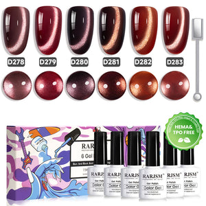 RARJSM Coffee Glow cat eye gel polish 6 bottles 7.5ml D278-D283 magnetic wand HEMA TPO free vegan warm metallic shimmer