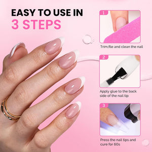 Easy 3 step gel nail application trim file clean apply base coat top coat cure 60 seconds HEMA TPO free