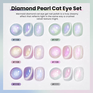 Diamond pearl cat eye set ethereal glow 6 colors luminous pastel shimmer galaxy-like effect crushed velvet texture moonlit sky enchanted meadow