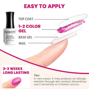 Pink Stardust glitter gel polish application guide 4 steps - base gel color gel top coat 2-3 weeks