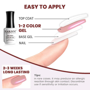 Blushing Aura pink shimmer gel polish application guide 4 steps - base gel color gel top coat 2-3 weeks long-lasting safety tips
