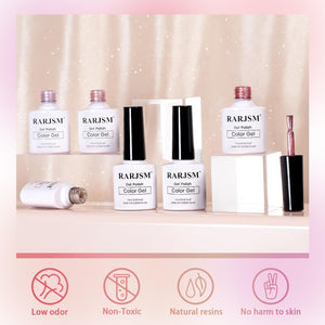 RARJSM professional gel polish bottles showing low odor, non-toxic, natural resins, no harm to skin features