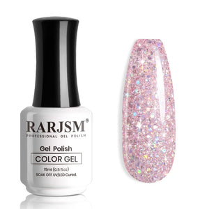 Stardust Blush R404 pink mauve glitter gel polish bottle 15ml with iridescent holographic sparkle swatch TPO HEMA free