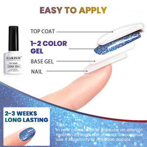 Easy application guide for holiday sparkle glitter gel polish showing 4-step process with 2-3 weeks long-lasting wear for Christmas nails