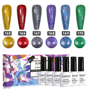 Holiday sparkle glitter gel polish set 165-170 showing 6 colors gold red silver purple blue green with holographic sparkle for Christmas