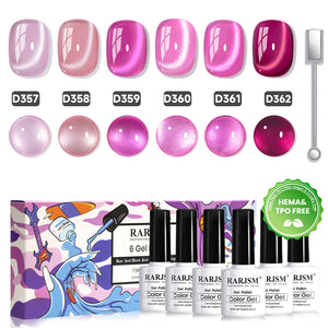 RARJSM Pink Crystal cat eye gel polish set D357-D362 with magnetic stick showing 6 shimmer gradient shades from lavender pink to berry magenta - TPO HEMA Free certified - 7.5ml professional bottles