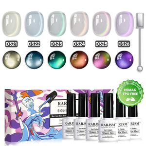 RARJSM Prismatic Aura magnetic cat eye gel polish 6 bottles 7.5ml D321-D326 HEMA TPO free vegan sheer iridescent
