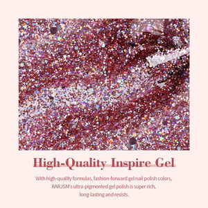 Rose gold glitter gel polish texture with iridescent holographic sparkles high-quality inspire gel