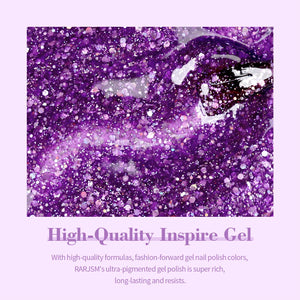 Purple galaxy glitter gel polish texture with iridescent holographic sparkles high-quality inspire gel