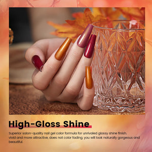 Nude gold glitter gel polish set detailed swatches showing 6 colors 973-978 with smooth shimmer texture perfect for autumn nail art
