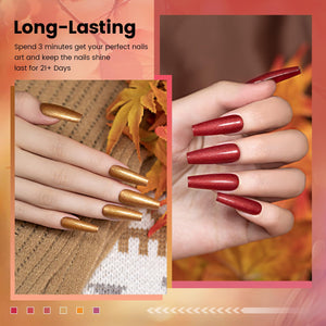 Long-lasting 21+ days nude gold glitter gel polish on coffin nails showing wine red and gold colors with high-gloss shine for autumn