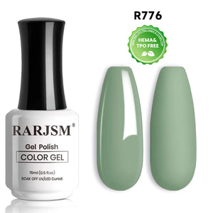 Mossy Meadow R776 sage green gel polish bottle 15ml with muted earthy tone swatch TPO HEMA free glossy matte finish