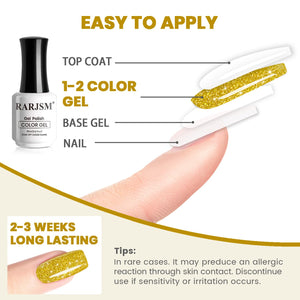 Easy to apply top coat 1-2 color gel base gel nail 2-3 weeks long-lasting tutorial tips allergic reaction sensitivity golden