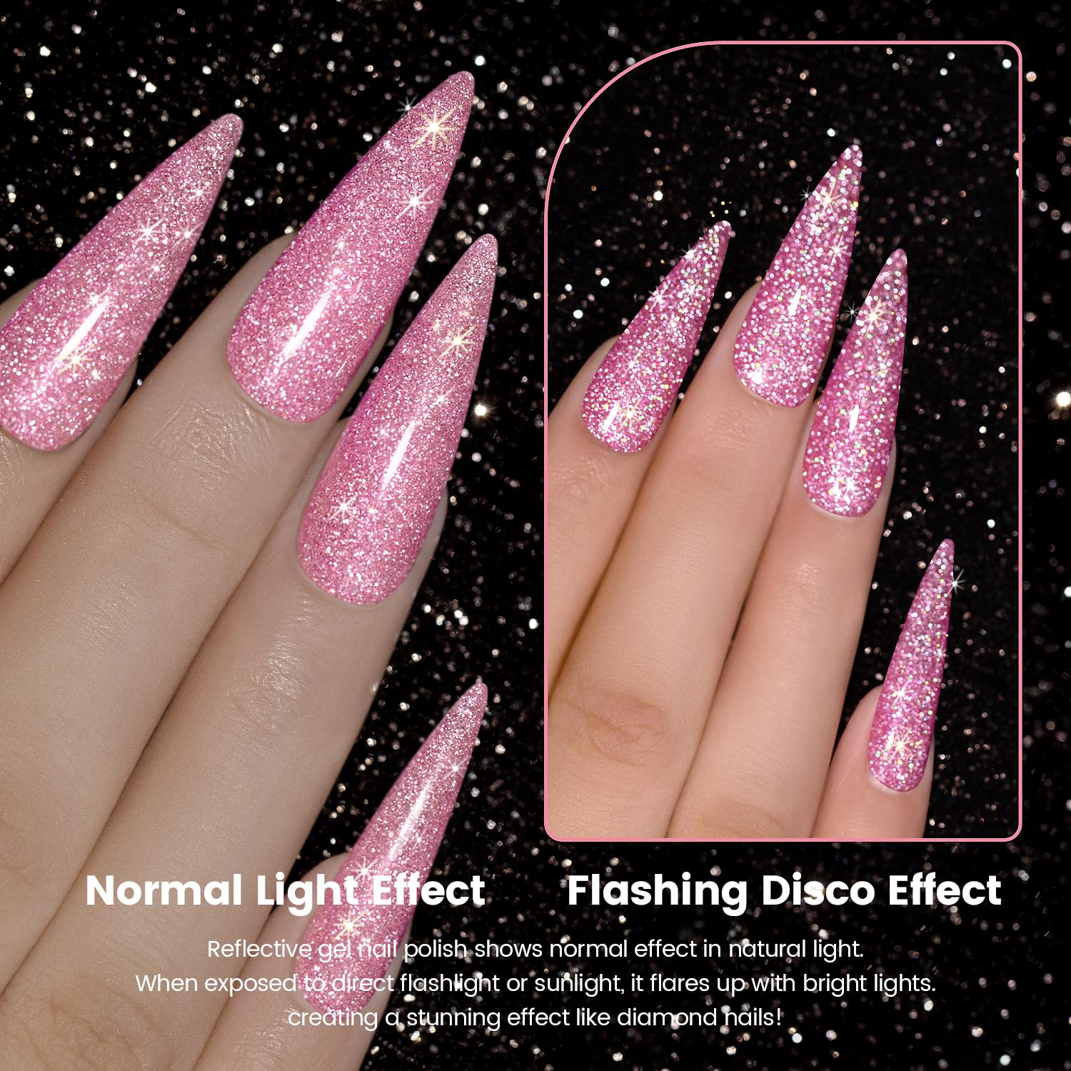 Normal light effect vs flashing disco effect reflective gel polish natural light flashlight sunlight diamond sparkle comparison