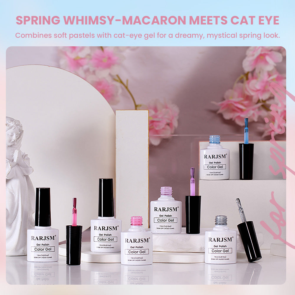 Spring whimsy macaron meets cat eye gel polish combines soft pastels cat eye gel dreamy mystical spring look 6 colors 5 macaron 1 topper
