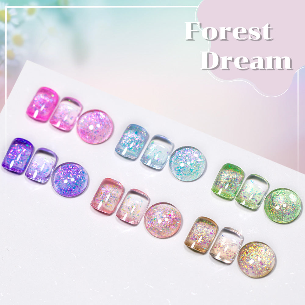 Forest Dream 6 colors swatches D266-D271 pink blue green purple rose gold jelly shimmer holographic flakes
