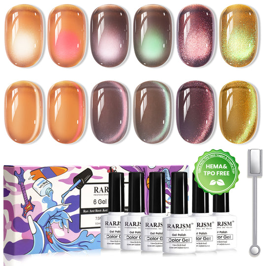 Tawny Eclipse Cat Eye Gel Polish Set - 6 Vintage Brown Tones Magnetic Sheer Jelly 7.5ml - TPO & HEMA Free