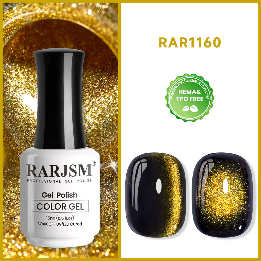RARJSM black gold ceramic cat eye gel polish 15ml 1160 HEMA TPO free vegan metallic shimmer
