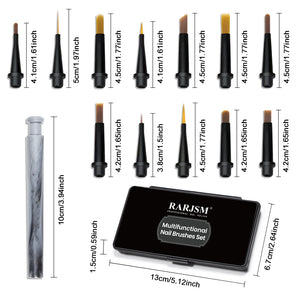 12-piece nail art brush set specifications - brush lengths 4.1-5cm, pen handle 10cm, storage case 13x6.7cm with RARJSM branding
