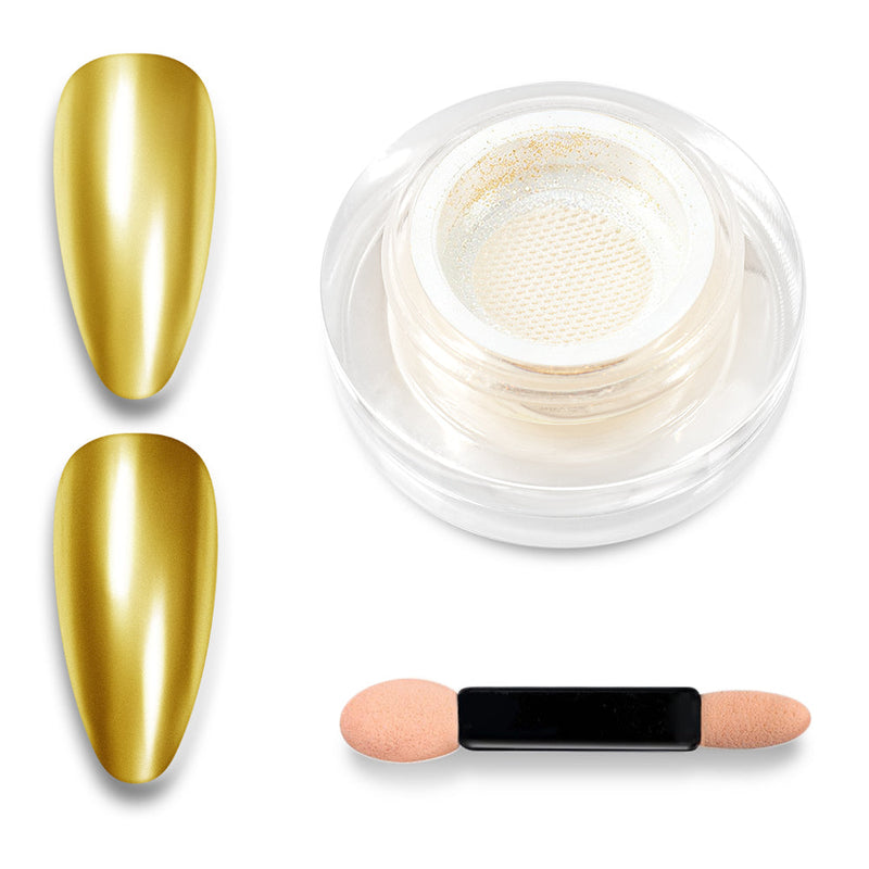 RARJSM gold chrome nail powder cushion bottle with double-ended sponge applicator and mirror effect nail swatches