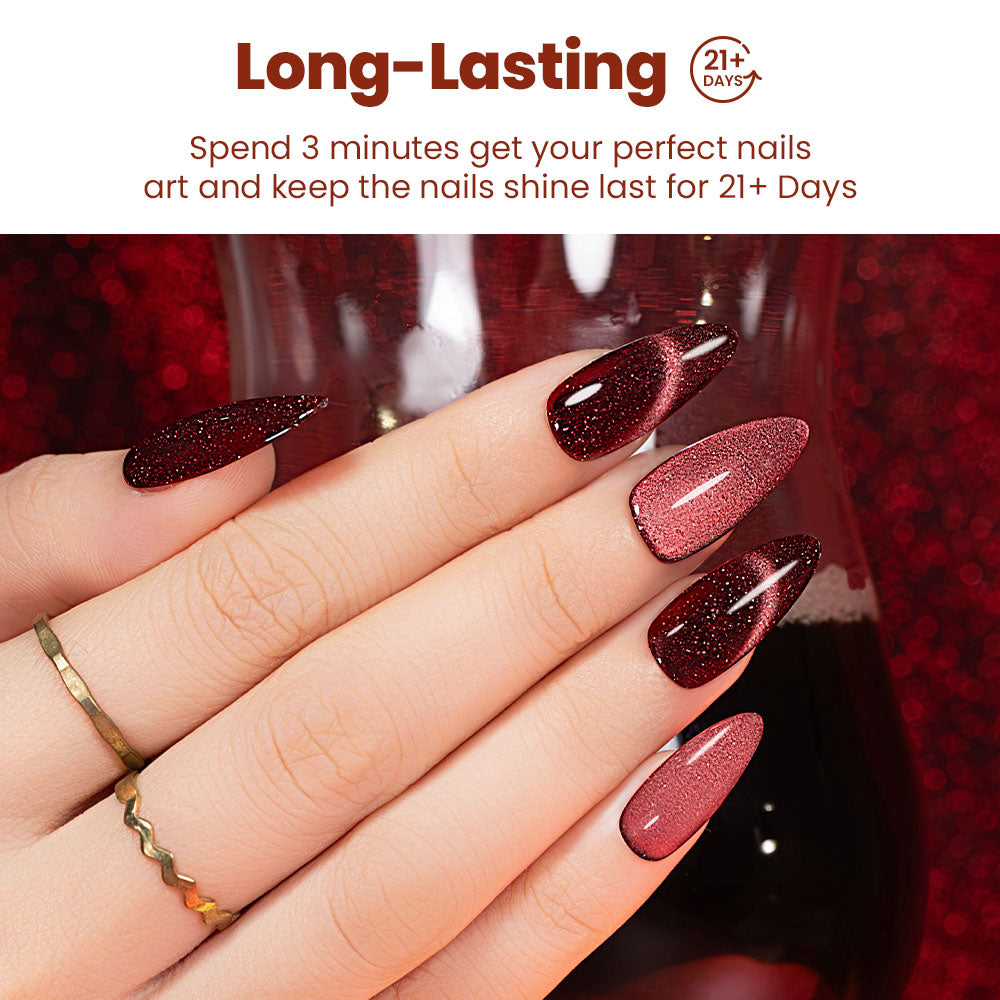 Long-lasting wine burgundy plum shimmer magnetic cat eye gel polish professional salon quality chip-resistant

