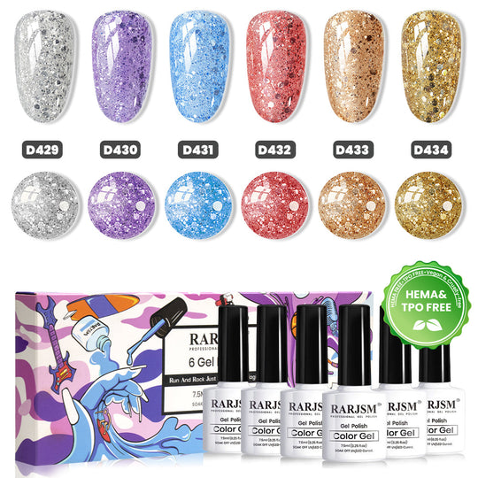 RARJSM Ultra Prism Chunky Glitter Gel Polish Set 6 Colors D429-D434 Oversized Sequin Glitter Summer Autumn TPO HEMA Free