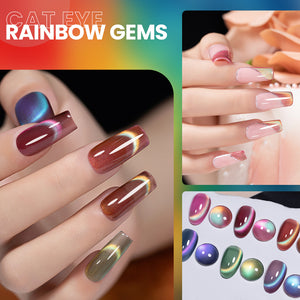 Rainbow Gems cat eye gel polish on nails showing multicolor shifting shimmer iridescent gemstone-like finish creative nail art
