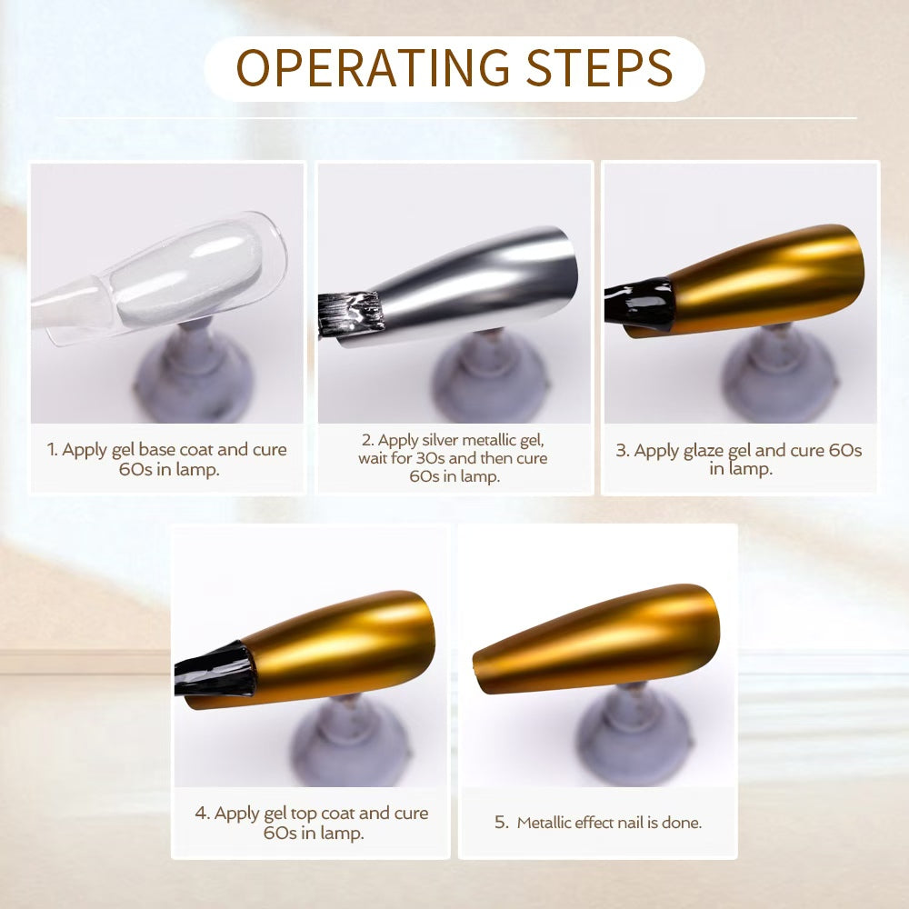 Step-by-step tutorial showing how to create metallic chrome effect: base coat, silver gel application, and top coat process

