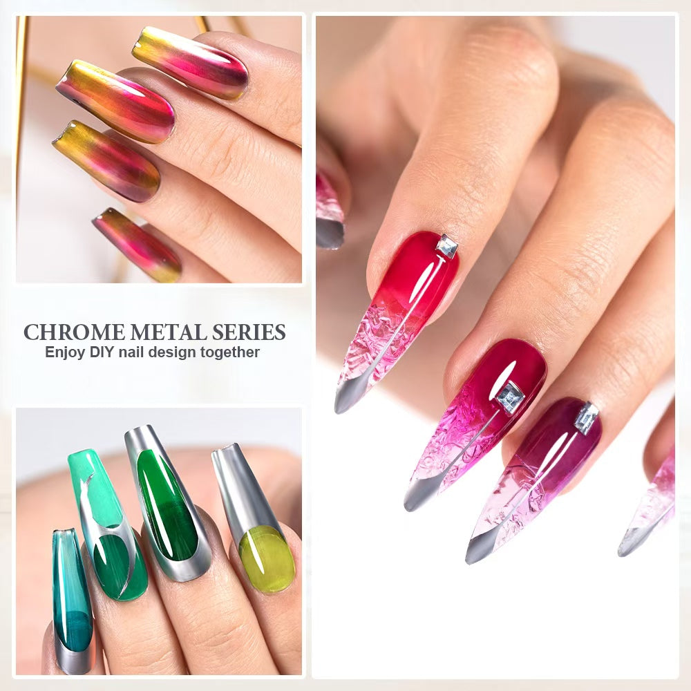 6-color metallic chrome mirror effect on long stiletto nails showing blue purple red pink yellow green shades, TPO HEMA free gel polish

