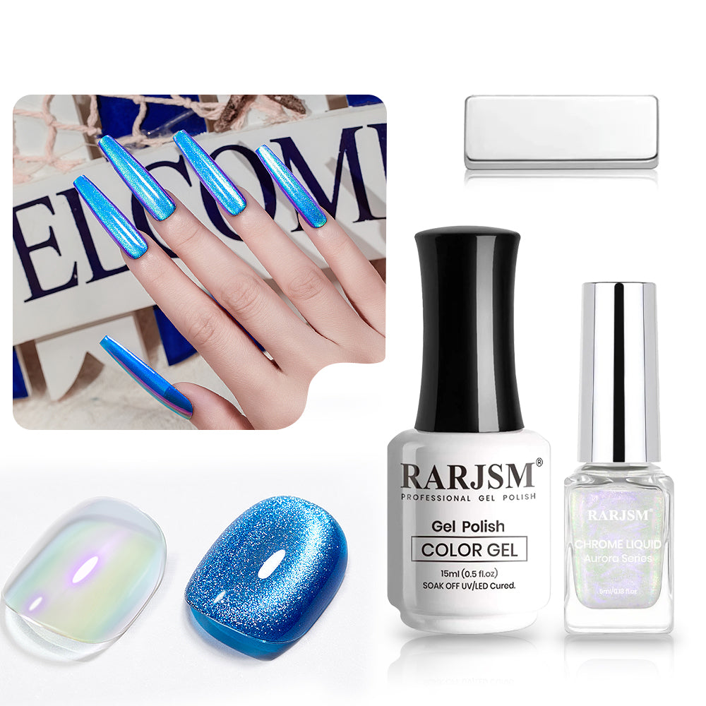 9D Azure Blue Ice Jelly Cat Eye Aurora Chrome Powder Gel Nail Polish Duo 15ml 5ml magnetic wand holographic
