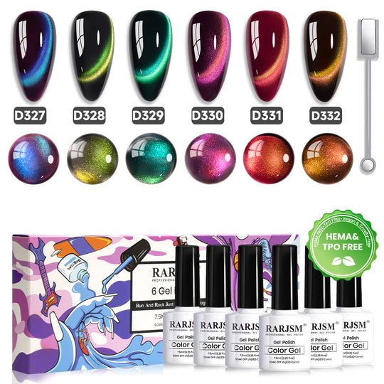 Aurora Borealis magnetic cat eye gel polish 6 colors set D327-D332 with magnetic wand HEMA TPO free 7.5ml
