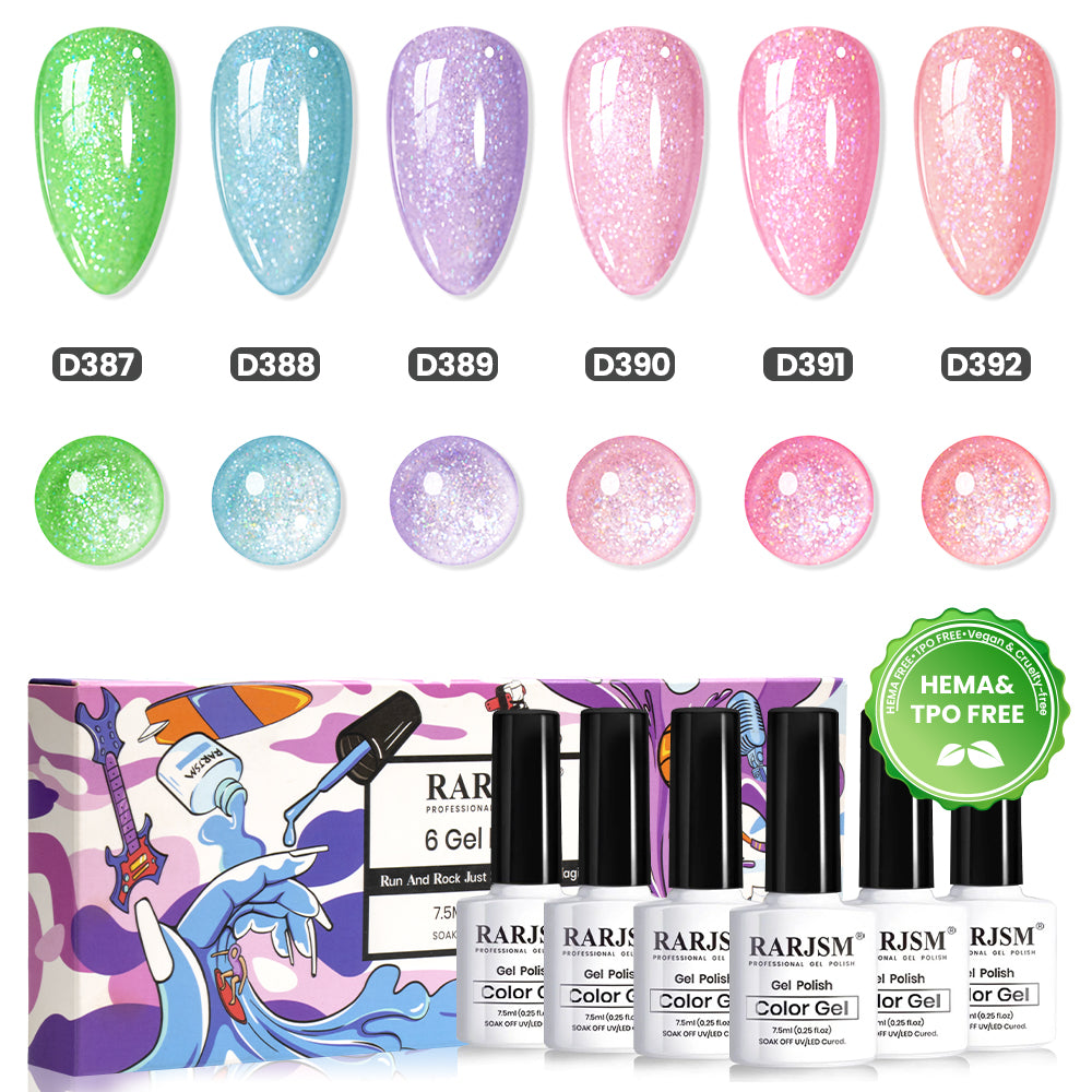 Icy Diamond Crush Gel Polish Set - 6 Pastel Spring Summer Colors 7.5ml - RARJSM TPO & HEMA Free
