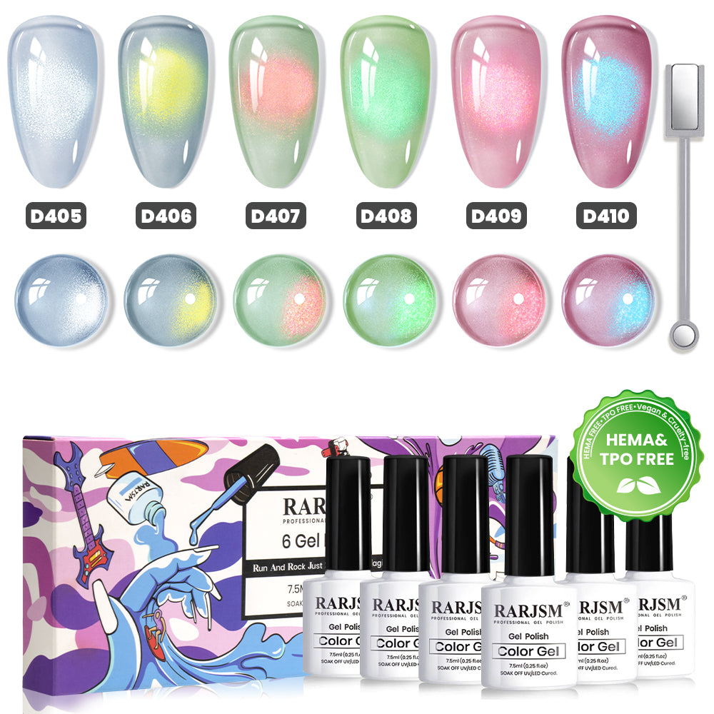 Iridescent Jelly Cat Eye Gel Polish Set - 6 Colors Icy Jelly Base & Colorful Cat Eye Collection 7.5ml - TPO & HEMA Free