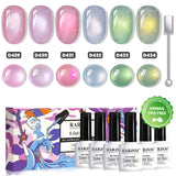Starlight Shimmer Cat Eye Gel Polish Set - 6 Pastel Colors White Glitter & Colorful Cat Eye 7.5ml - TPO & HEMA Free
