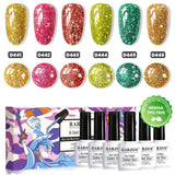 RARJSM Ultra Prism Chunky Glitter Gel Polish Set 6 Vivid Autumn Colors D441-D446 Platinum Sequin Multi-Size Glitter TPO HEMA Free