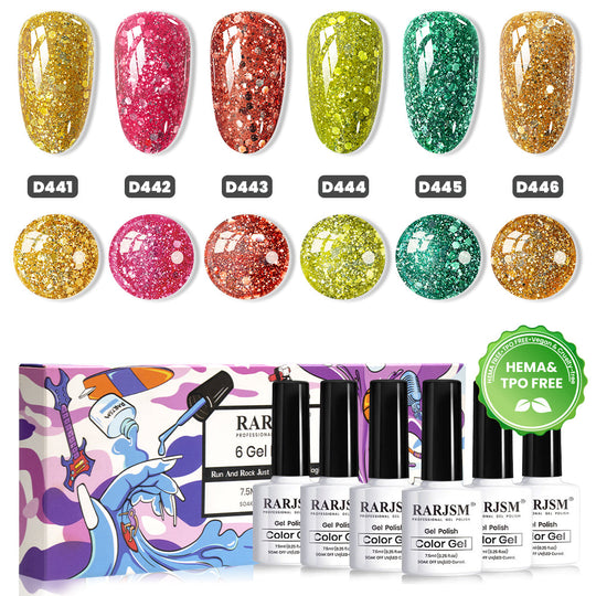 RARJSM Ultra Prism Chunky Glitter Gel Polish Set 6 Vivid Autumn Colors D441-D446 Platinum Sequin Multi-Size Glitter TPO HEMA Free