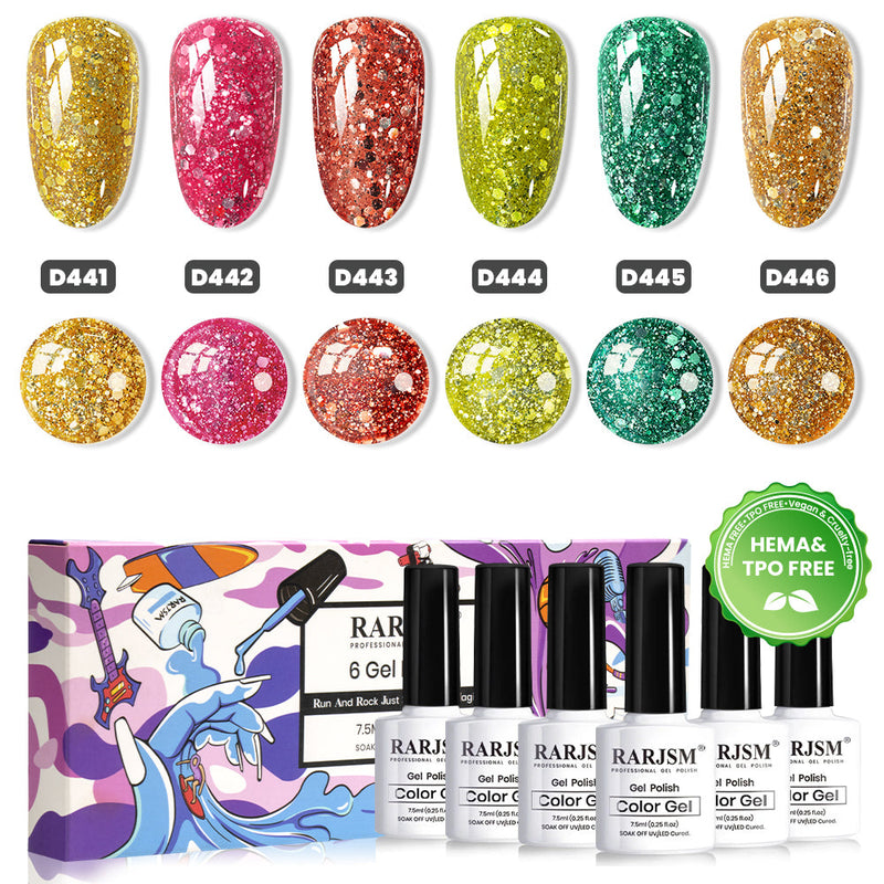 RARJSM Ultra Prism Chunky Glitter Gel Polish Set 6 Vivid Autumn Colors D441-D446 Platinum Sequin Multi-Size Glitter TPO HEMA Free