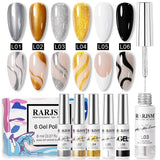 RARJSM Metal Flash Nail Art Gel Liner Set 6 Colors L01 Silver Mirror Chrome L02 Gold Mirror Chrome L03 Silver Diamond Reflective L04 Gold Diamond Reflective L05 White L06 Black 8ml TPO HEMA Free