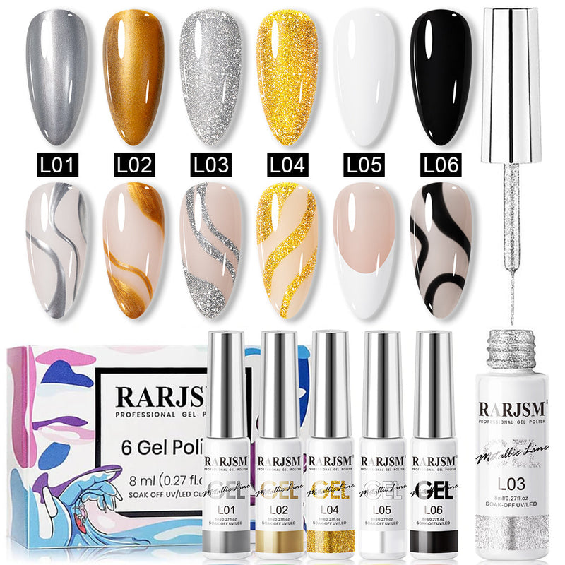 RARJSM Metal Flash Nail Art Gel Liner Set 6 Colors L01 Silver Mirror Chrome L02 Gold Mirror Chrome L03 Silver Diamond Reflective L04 Gold Diamond Reflective L05 White L06 Black 8ml TPO HEMA Free