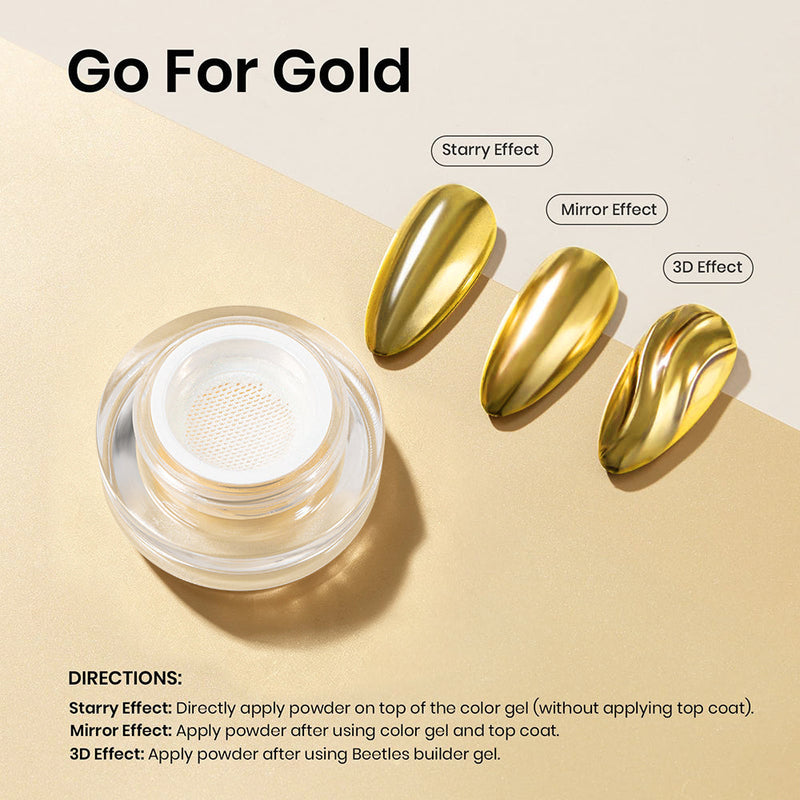 RARJSM gold chrome nail powder Go For Gold – starry effect, mirror effect, and 3D effect on gold nails with directions