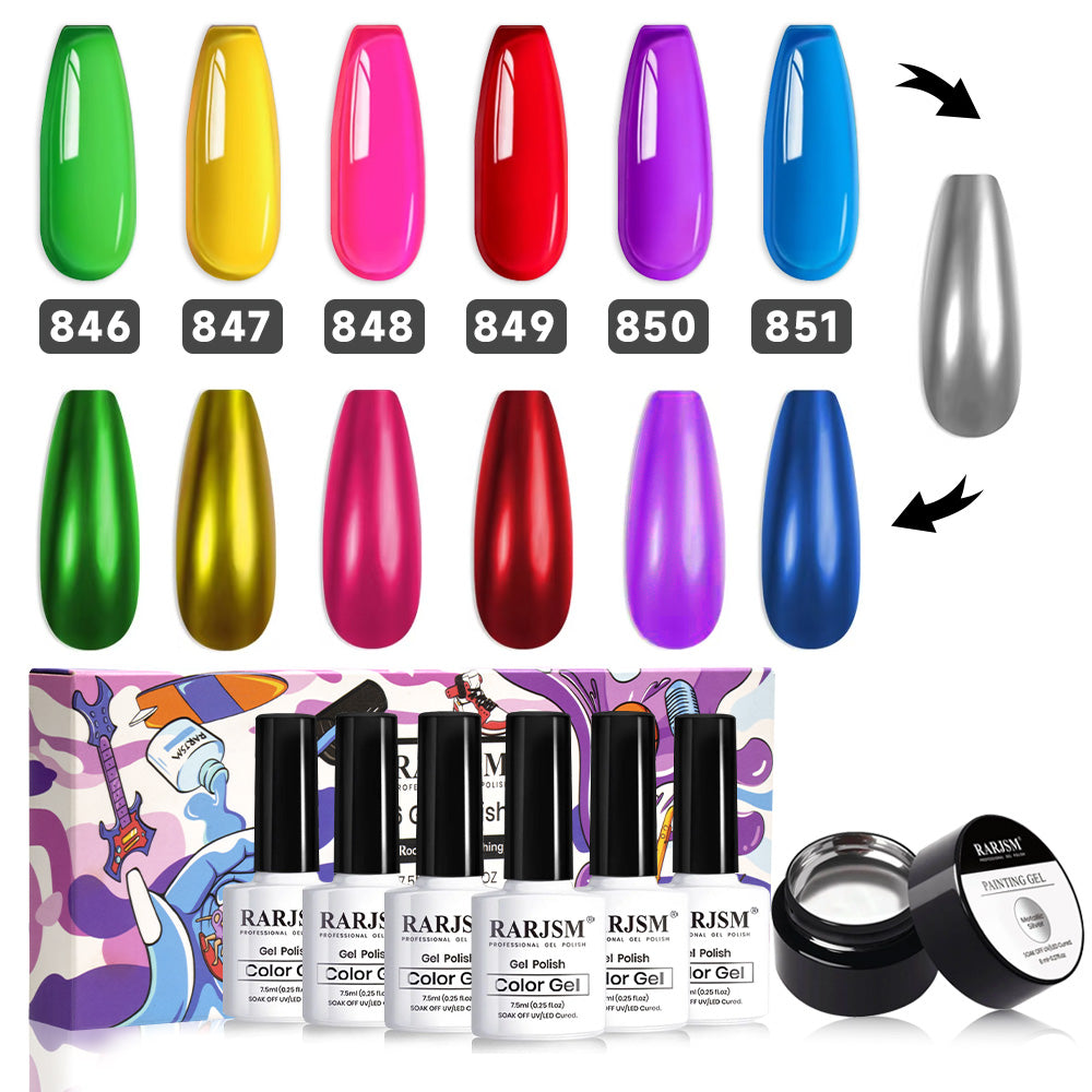 Complete 6-piece neon jelly gel polish set with professional 7.5ml bottles in blue purple red pink yellow green colors

