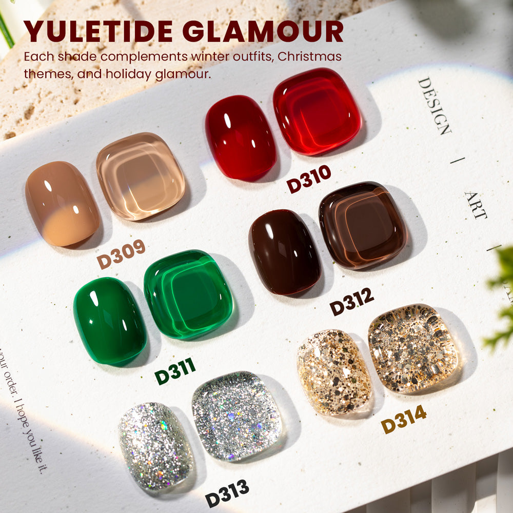 Yuletide Glamour gel polish swatches 6 colors D309-D314 nude cranberry evergreen chocolate silver gold glitter
