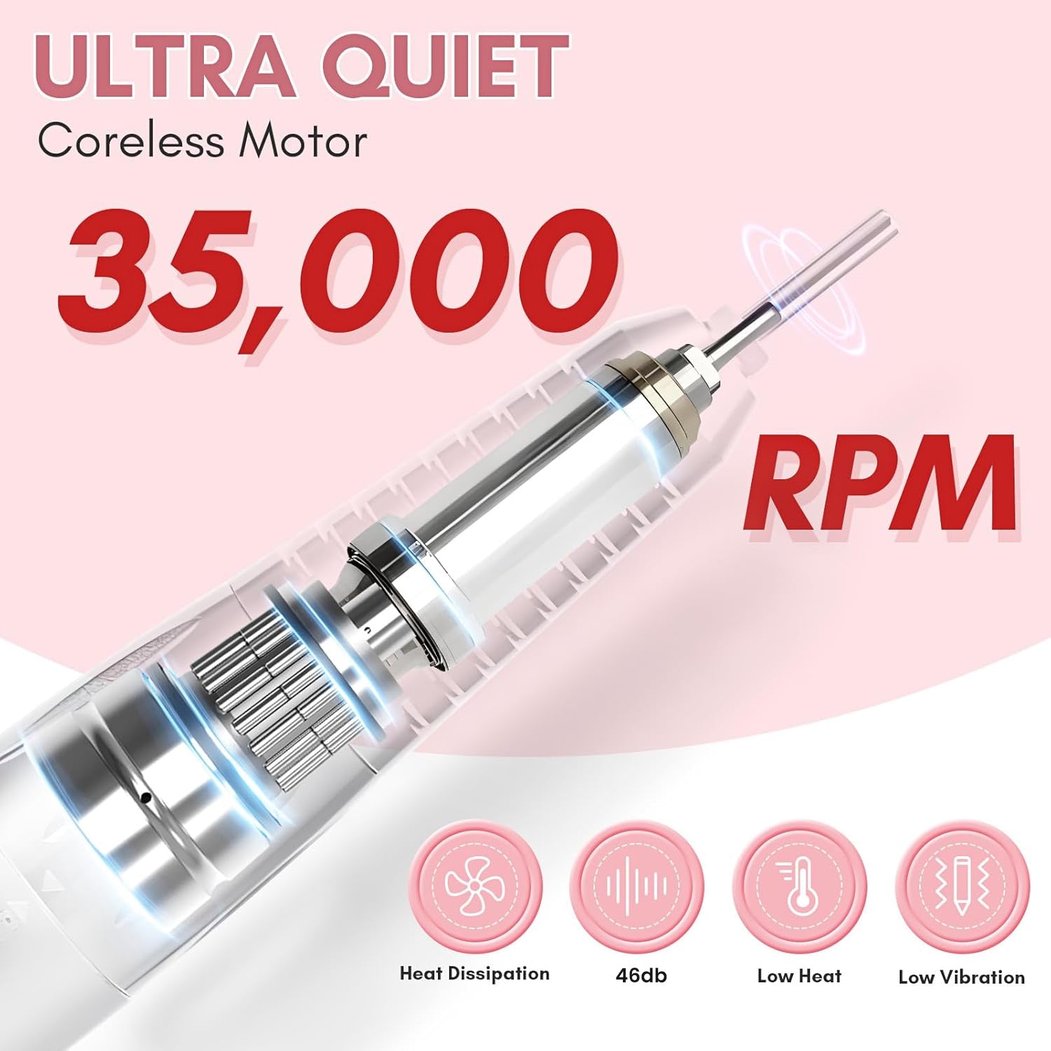 Ultra quiet coreless motor 35,000 RPM brushless nail drill 46db low noise heat dissipation low vibration professional
